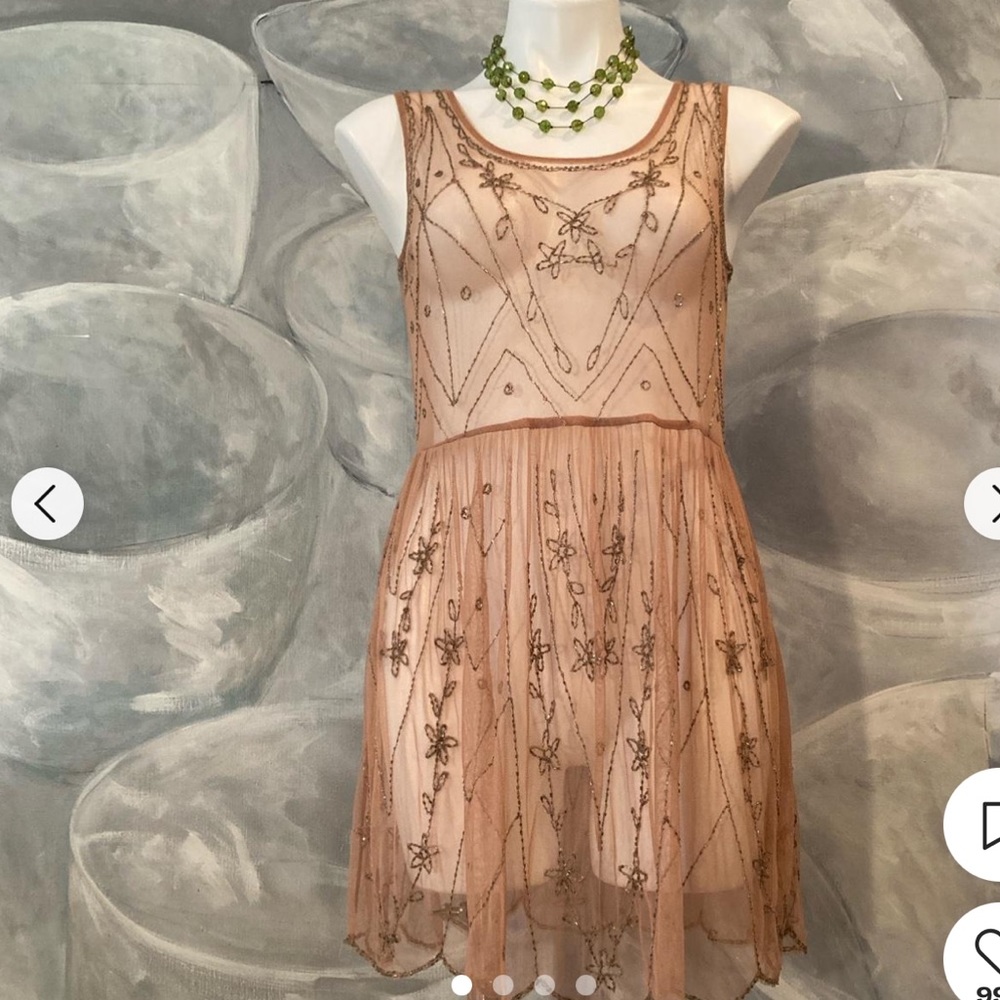 FREE PEOPLE Dusty Rose Beaded Sheer Dress Size Small